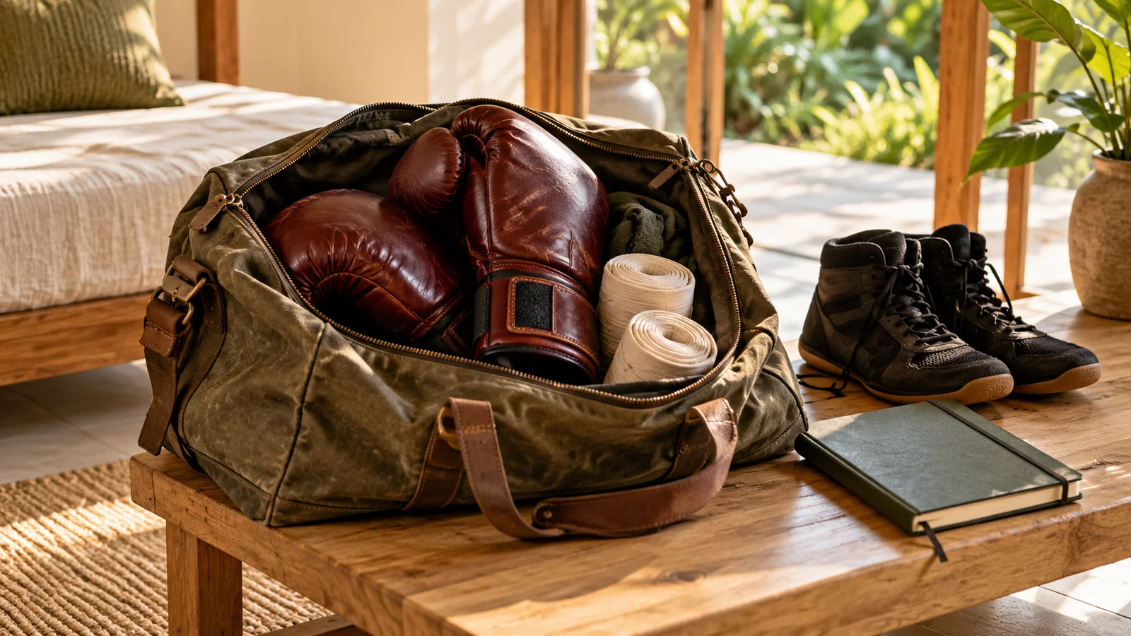 Boxing gloves, hand wraps and travel bag illustrating a training-focused stay.
