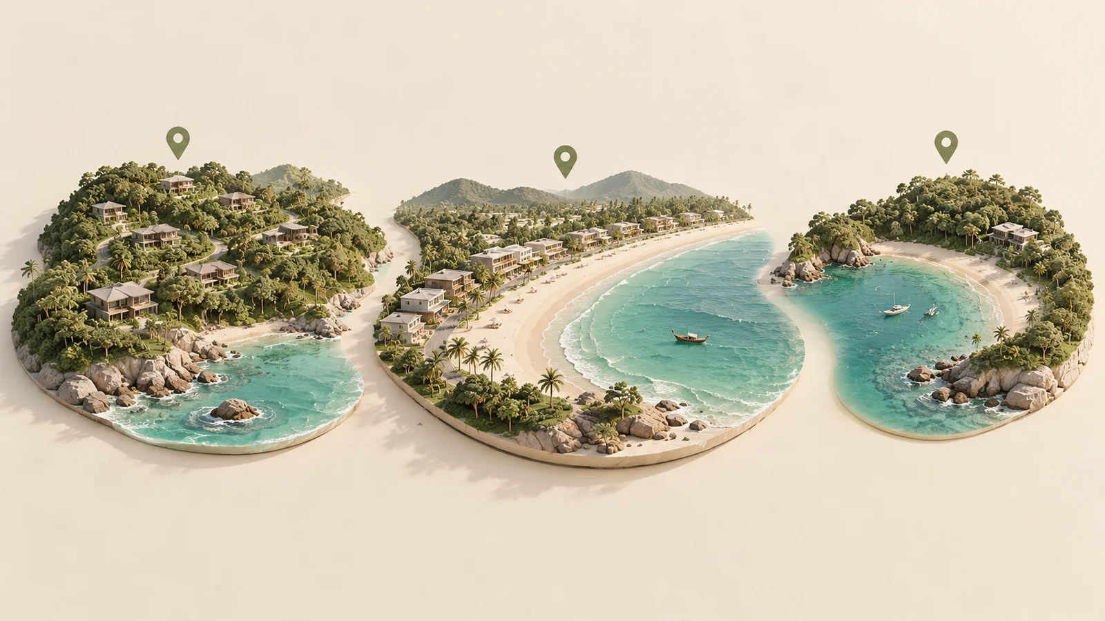 Three conceptual coastal neighbourhood models with unlabelled location markers.
