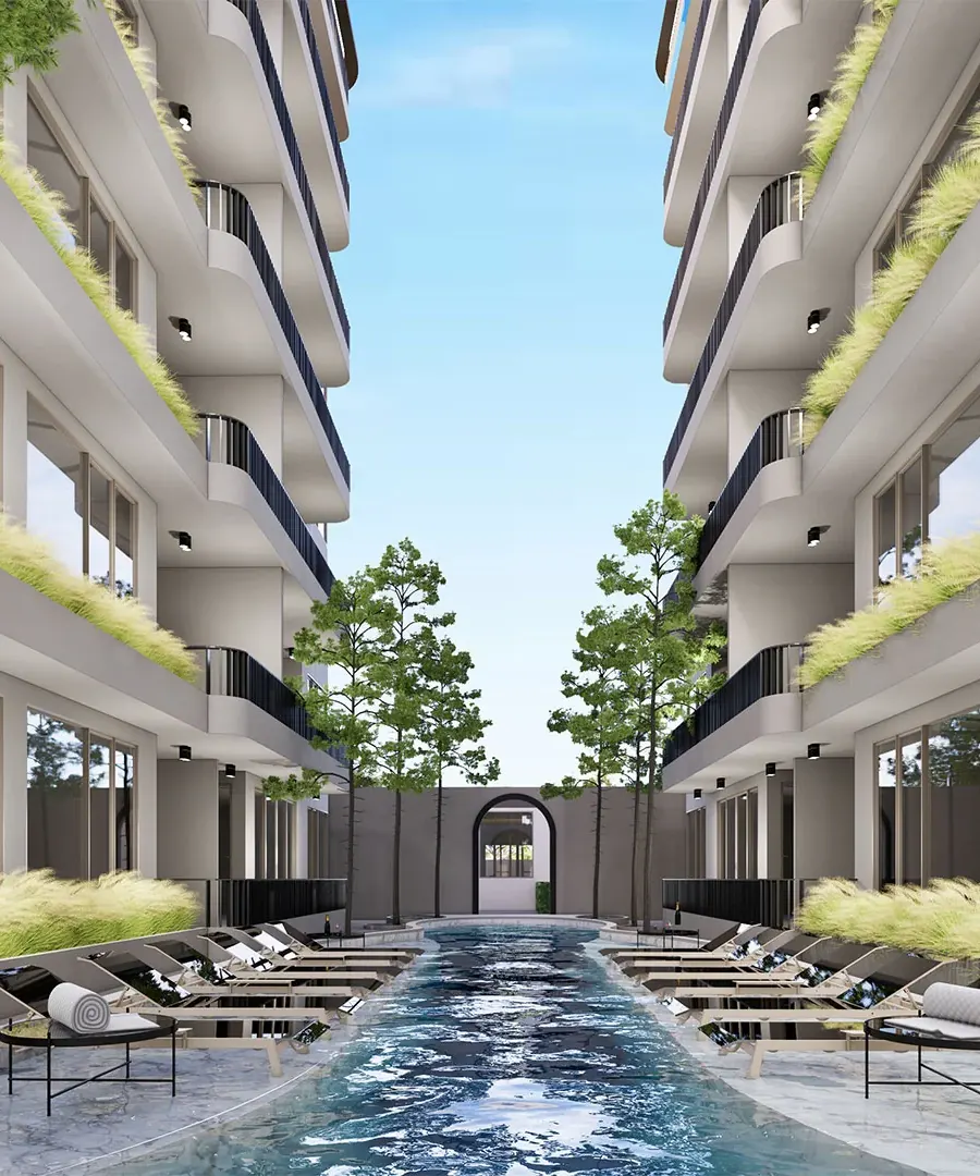 Architectural visualisation of the leisure pool courtyard at The Element, a break from work on a digital nomad visa stay