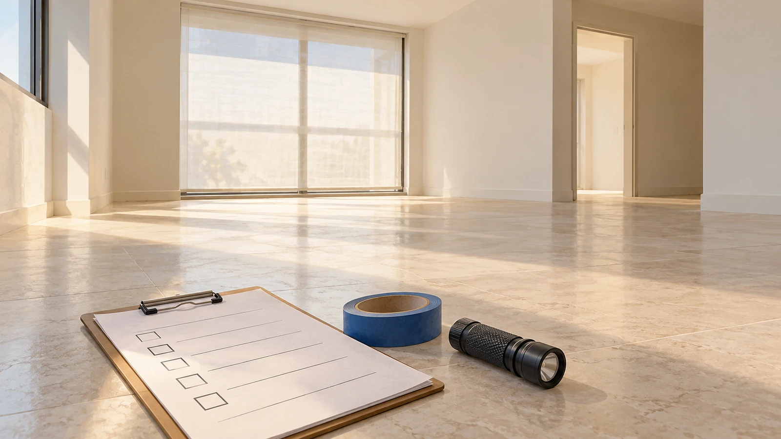Illustration of a clipboard, painter's tape and a torch in an empty new apartment, ready for a condo handover inspection