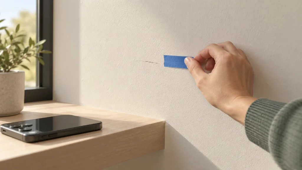 Illustration of a condo handover inspection: painter's tape marking a small defect on a wall