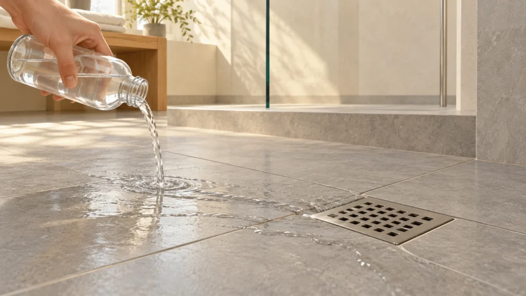 Illustration of water poured toward a floor drain to test the bathroom floor fall