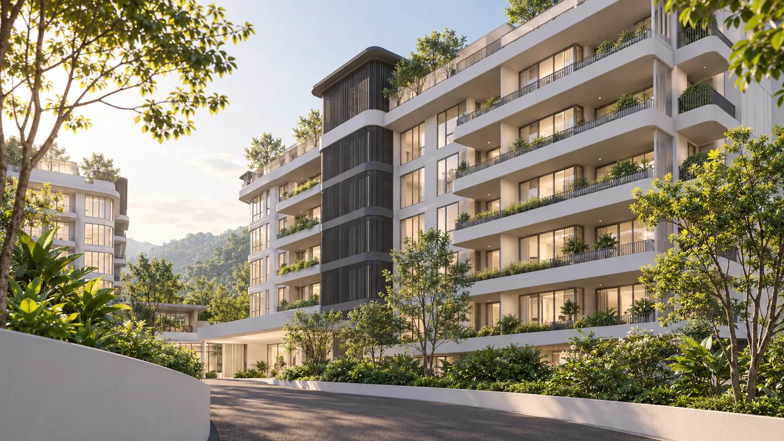 AI-generated alternative-angle architectural concept of The Element residences, viewed diagonally from the entrance drive.