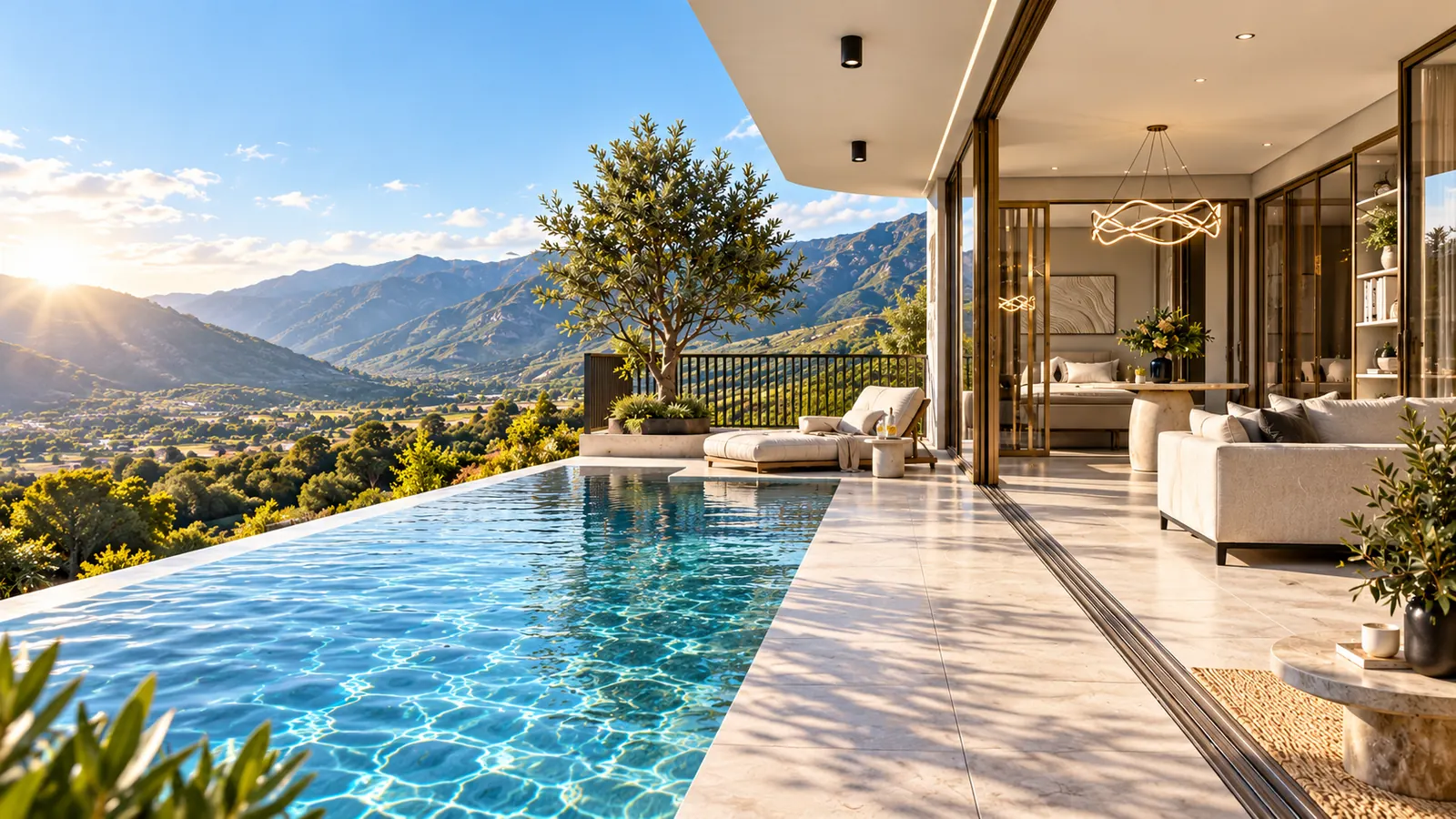 AI-assisted alternative-angle visualisation of the private pool and living room based on The Element MASTER reference.