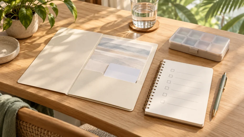 Illustration of a folder with a blank insurance card, medicines and a list prepared at home