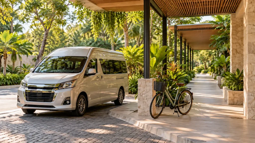 Illustration of a shuttle van, bicycle and shaded walkway representing daily transport options.