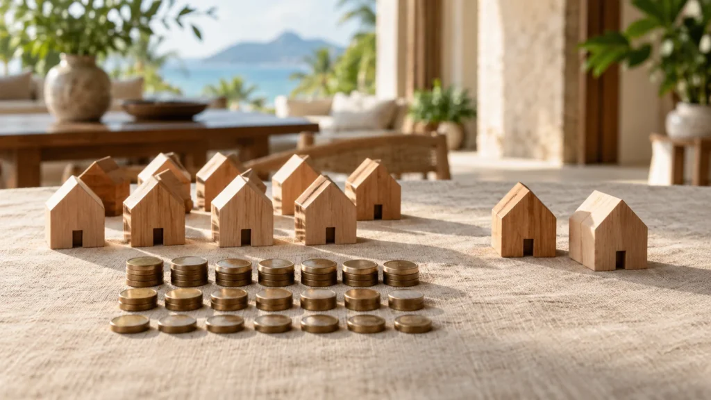 Conceptual illustration of wooden house tokens and counting discs representing occupancy and rental income.