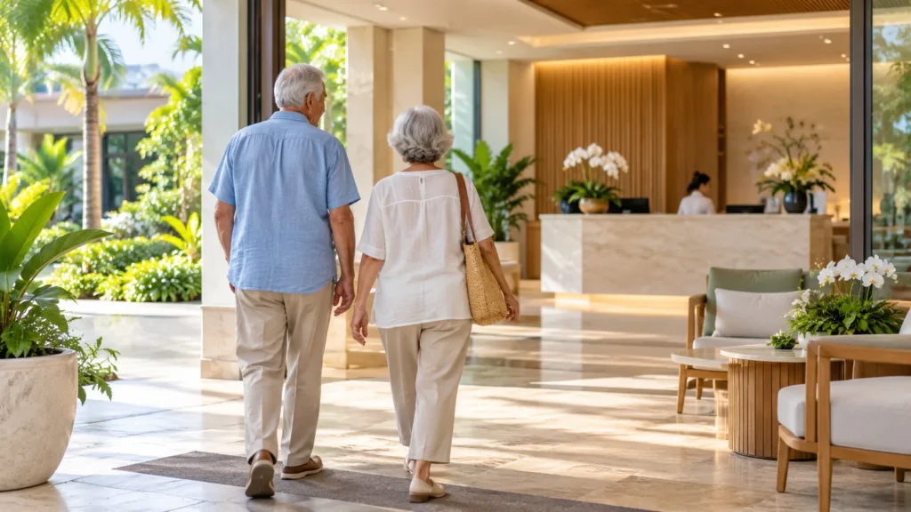 Illustration of older adults approaching an accessible healthcare reception.
