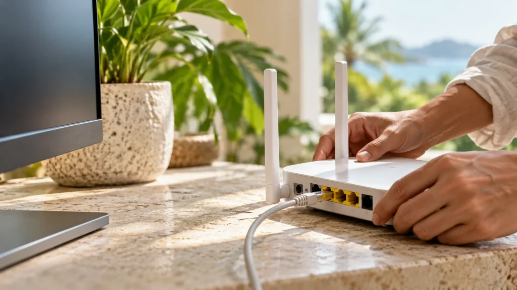 Illustration of hands checking a home router and wired internet connection.