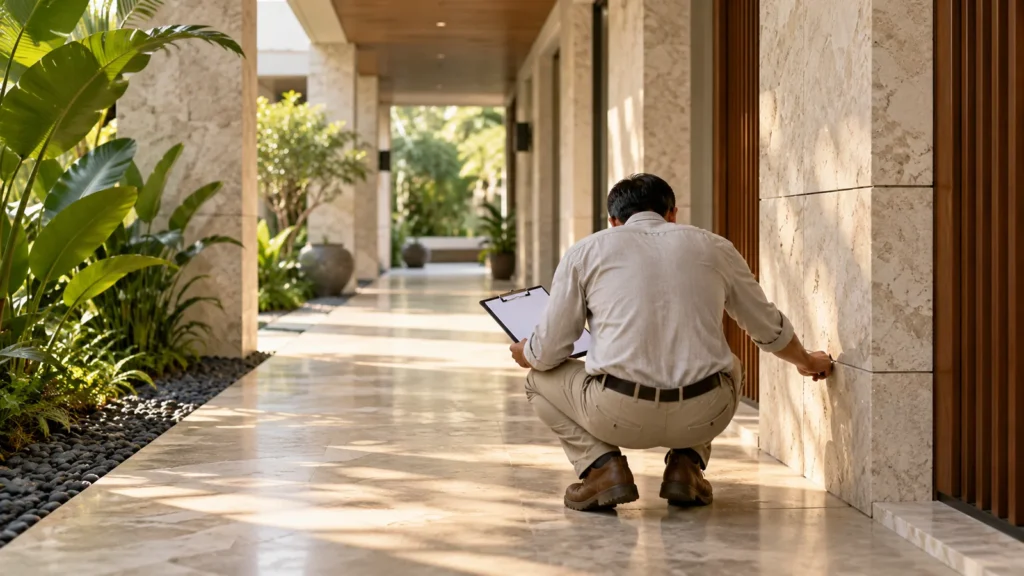 Illustration of an independent visitor checking finishes in a completed residential corridor.