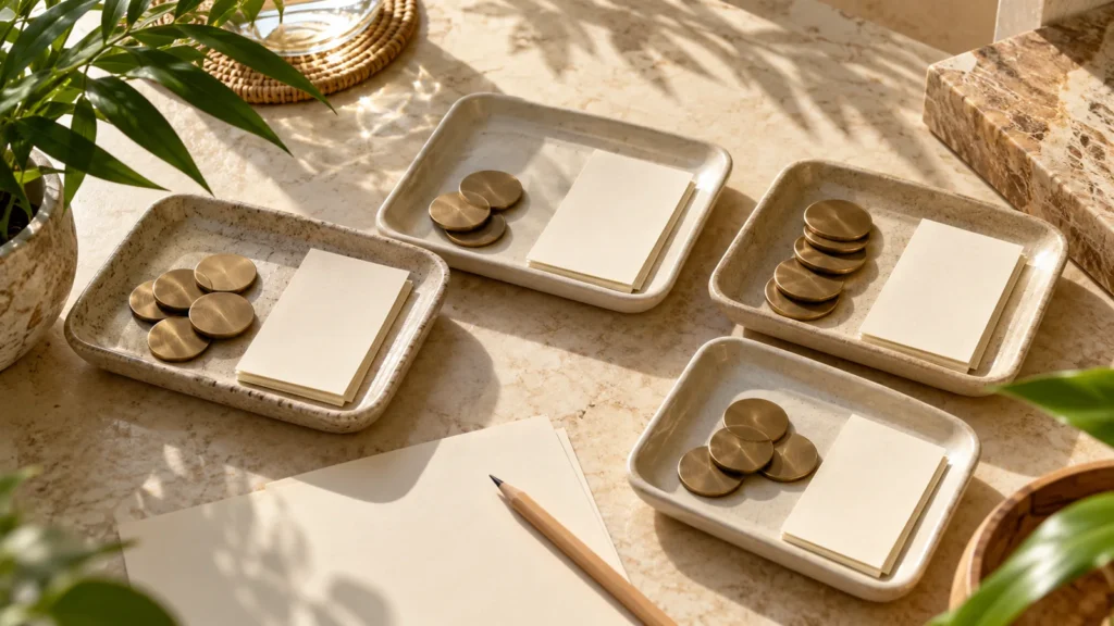 Conceptual illustration of separate trays representing different property transaction costs.