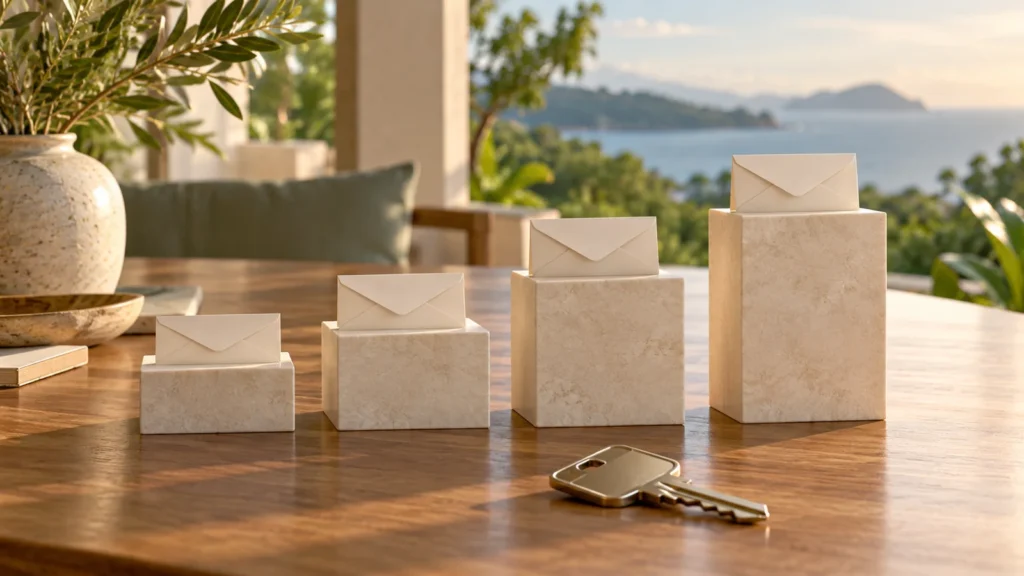Conceptual illustration of envelopes on stepped blocks representing staged payments.
