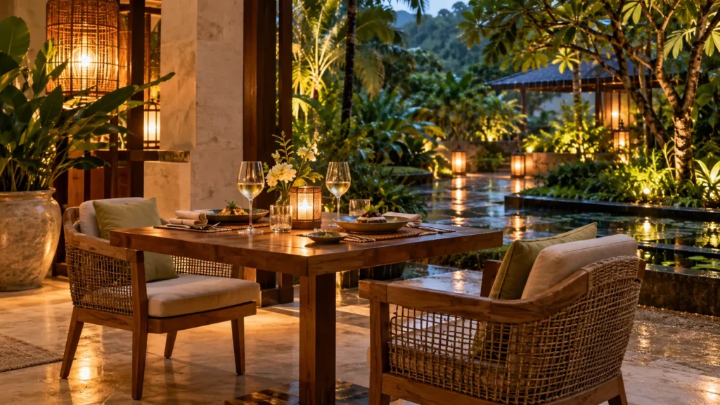 Illustration of a quiet tropical dining terrace in the evening.