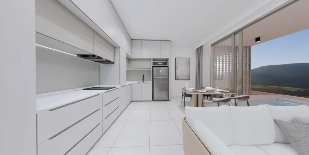 Interior visualisation of an open kitchen and living area at The Element
