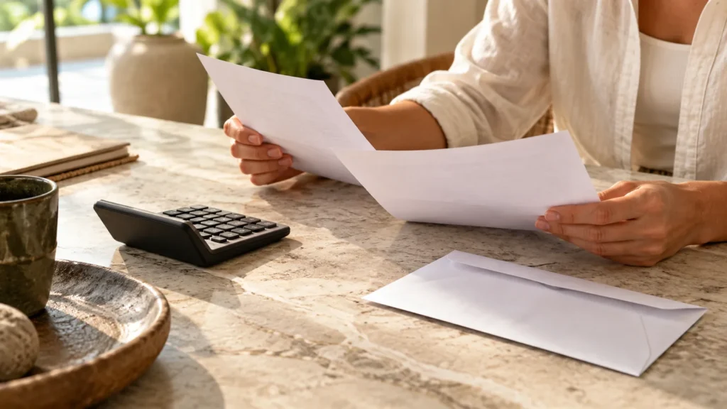 Illustration of a buyer comparing paperwork before arranging a bank transfer.