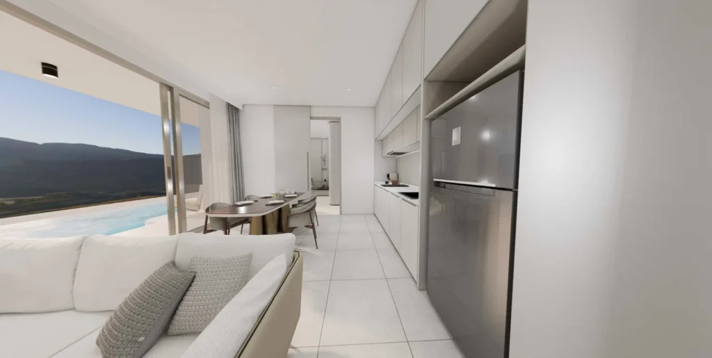 Interior visualisation of living, dining and kitchen space opening beside a private pool at The Element, one of its private pool residences