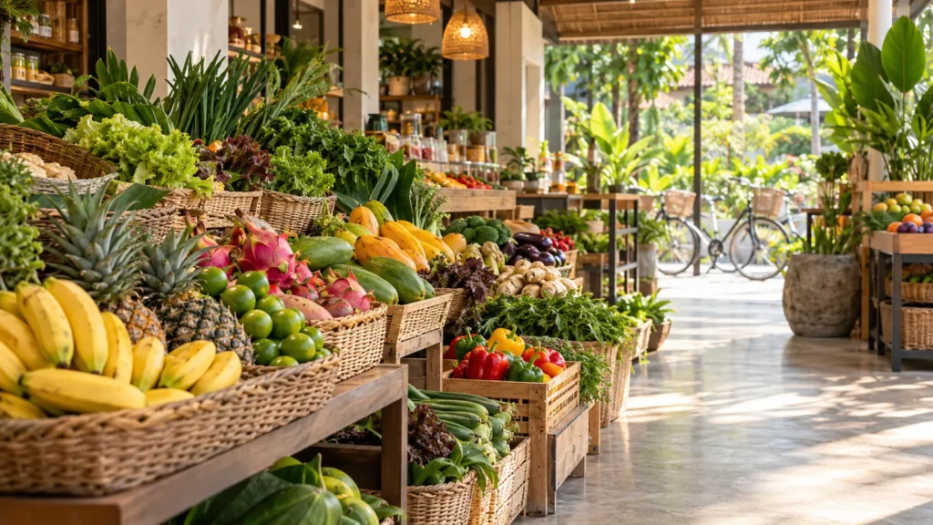 Illustration of fresh produce in a neighbourhood grocery shop.