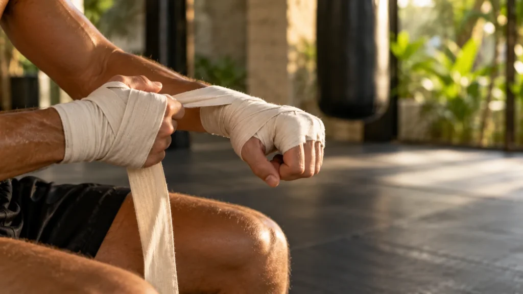 Illustration of an athlete preparing hand wraps for training during a Muay Thai long stay.