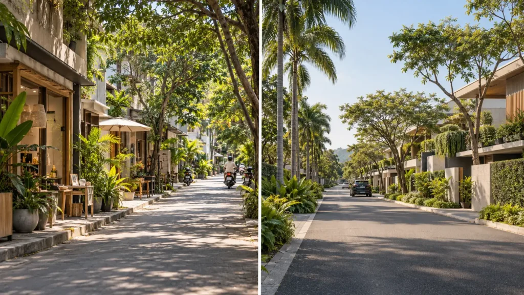 Illustration comparing a compact neighbourhood lane with a wider residential boulevard, as in a Kamala vs Bang Tao comparison.