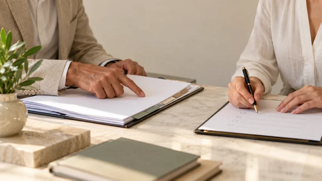 Illustration of two people reviewing purchase documents together during ownership checks.