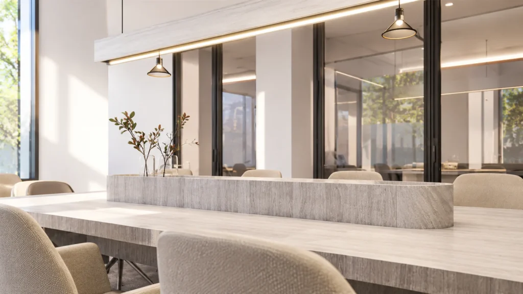 AI-generated alternative-angle concept of The Element business hub, looking across the shared table toward glazed partitions — a shared space to compare when viewing condos for sale in Kamala.