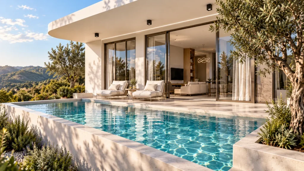 AI-assisted alternative-angle visualisation of the rectangular private pool and terrace based on The Element Penthouse D references.