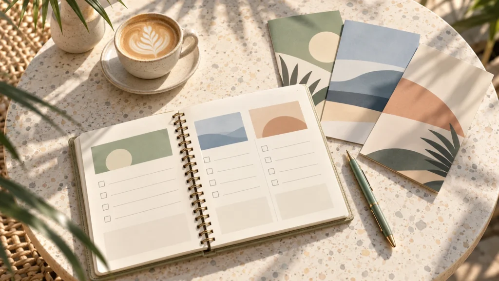 Illustration of a parent's checklist and brochures on a café table