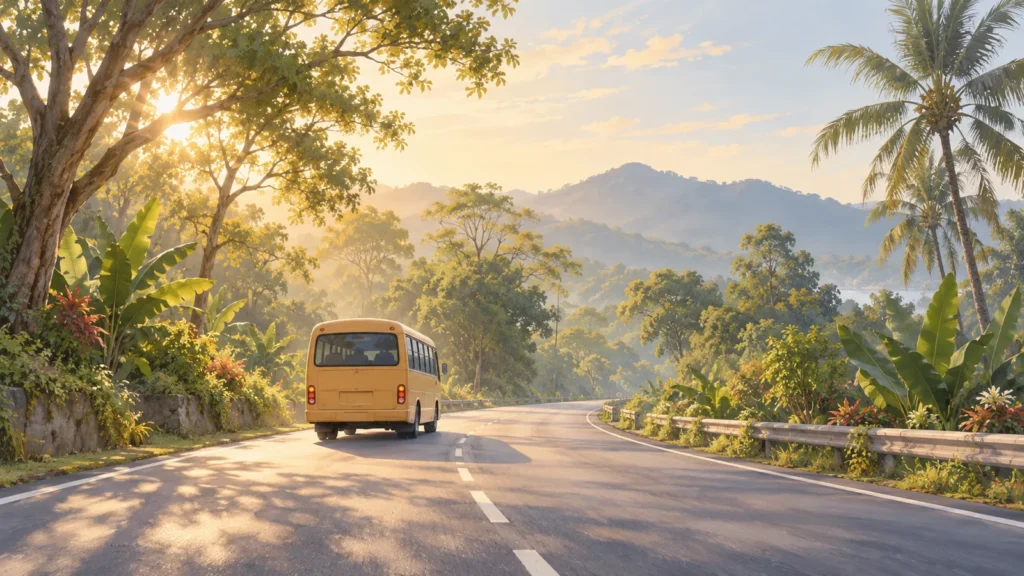 Illustration of an early-morning run to international schools near Kamala on a tree-lined road