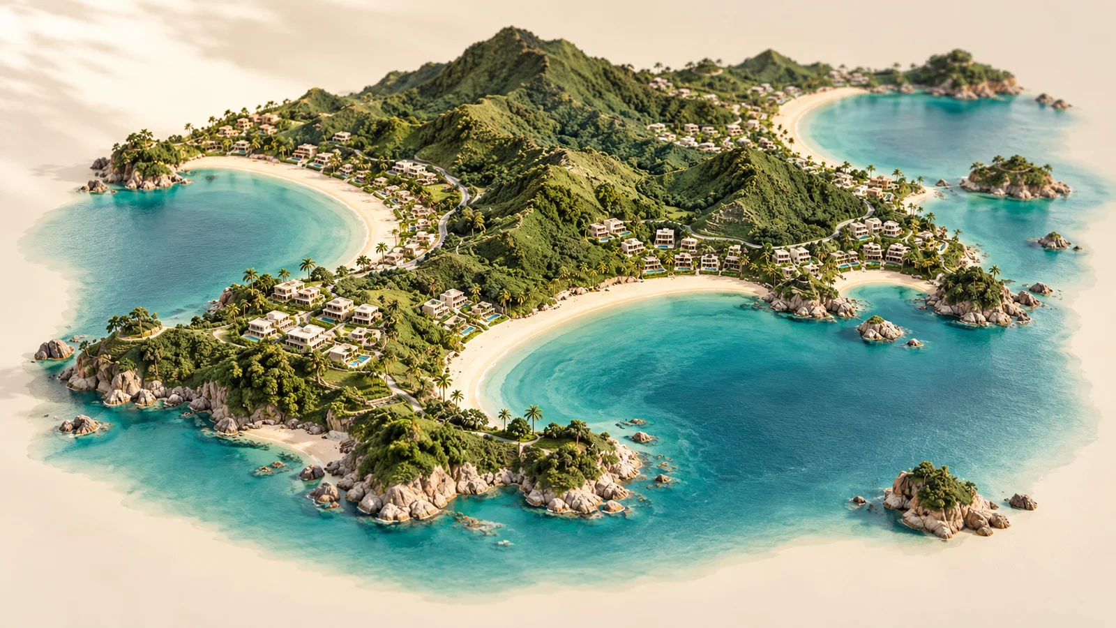 Conceptual miniature coastline with contrasting residential neighbourhoods.
