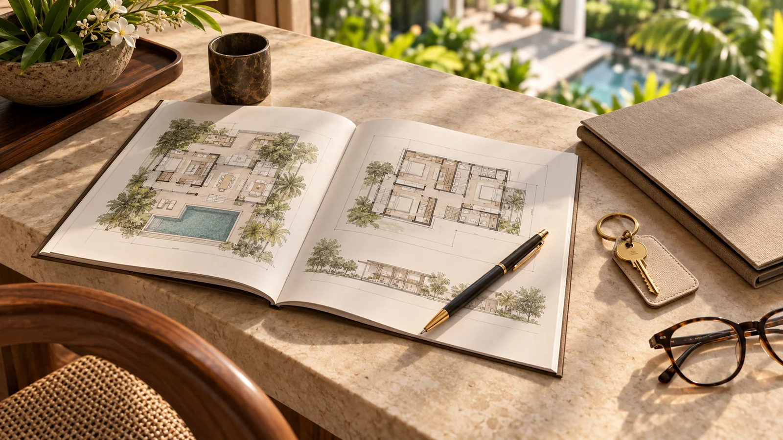 Illustrative property planning desk with architectural sketches and a brass key.
