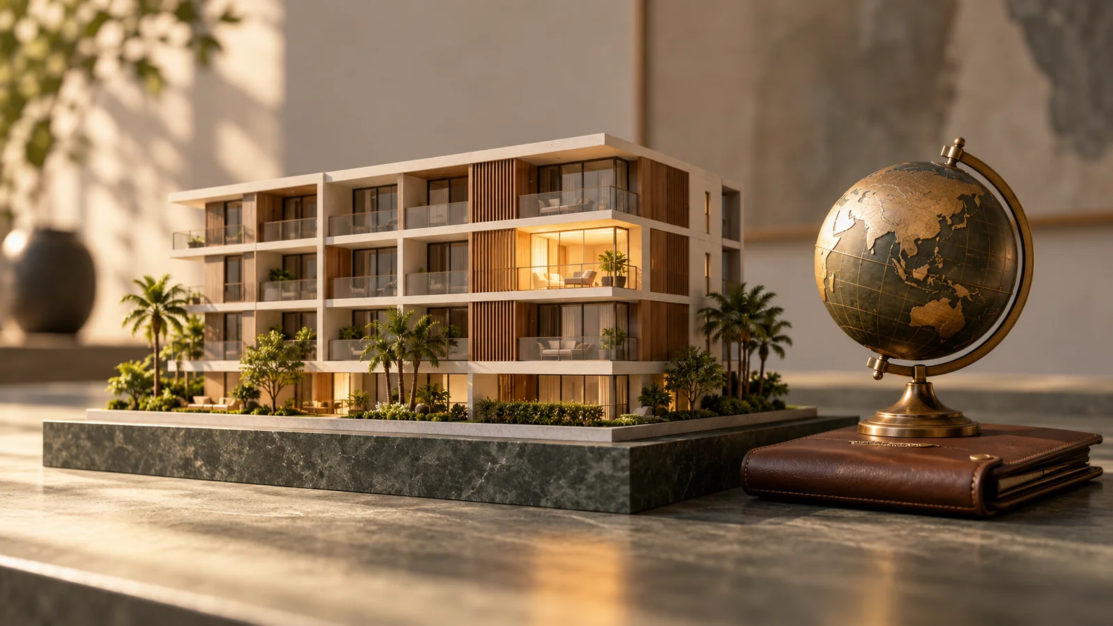 Conceptual condominium model and brass globe representing overseas ownership.