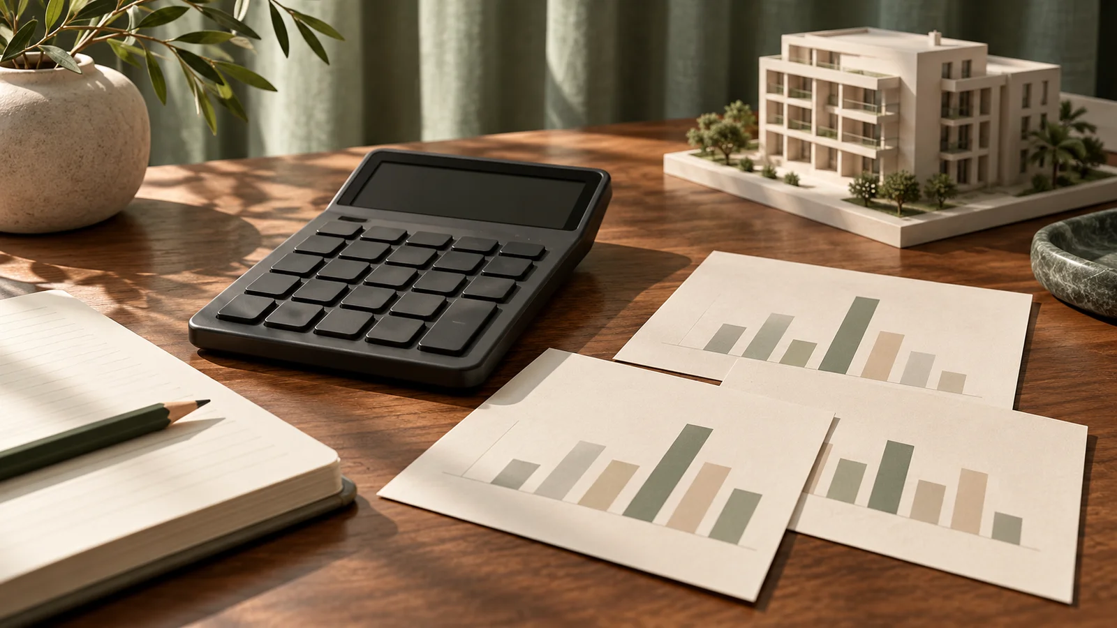 Conceptual rental planning desk with calculator and unlabelled comparison charts.