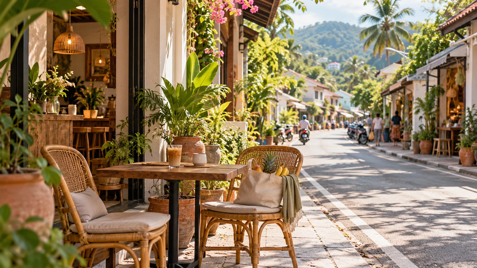 Illustration of a neighbourhood café terrace with groceries and tropical greenery.