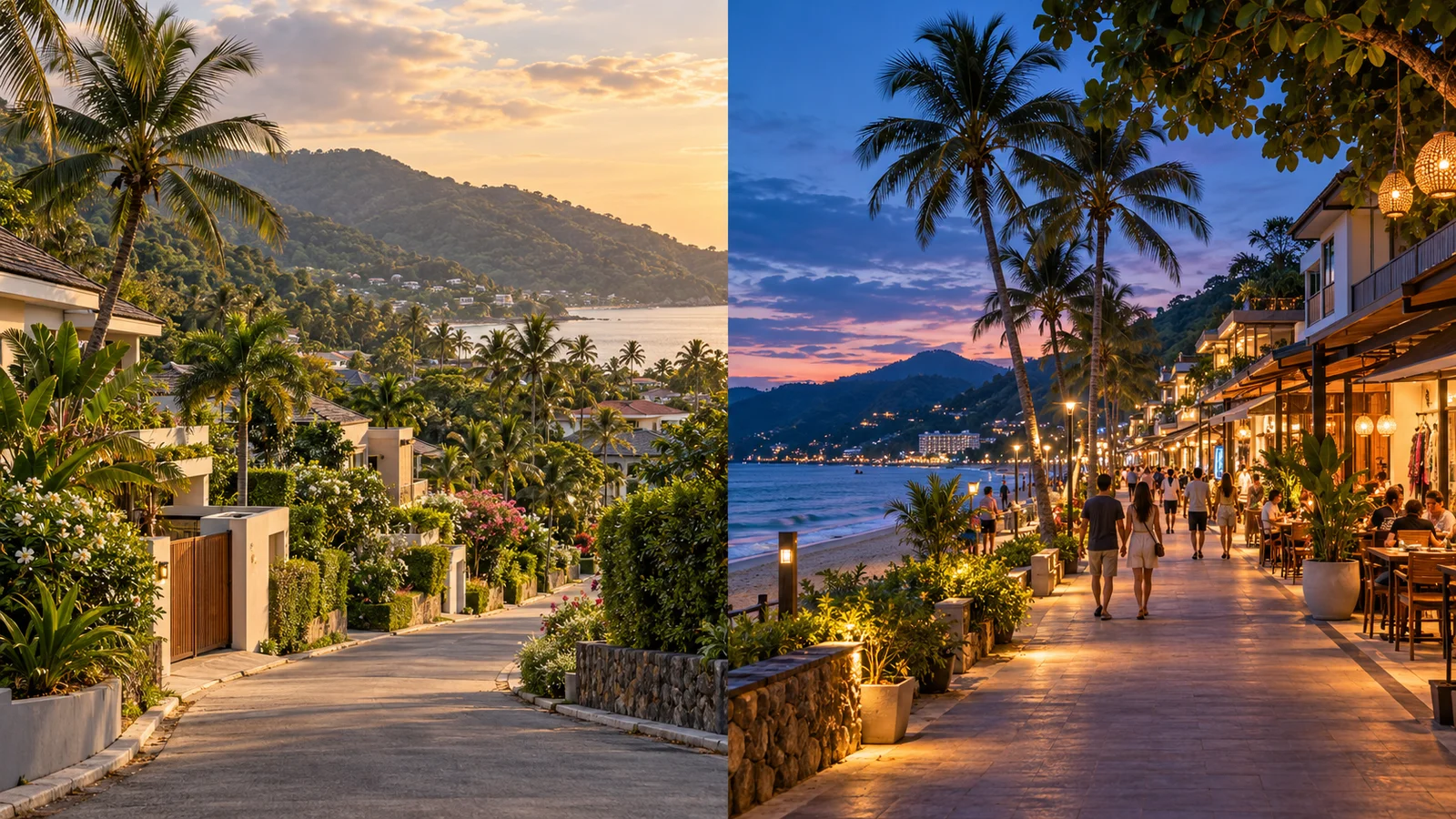 Illustrative comparison of a quiet residential lane and a lively coastal promenade.