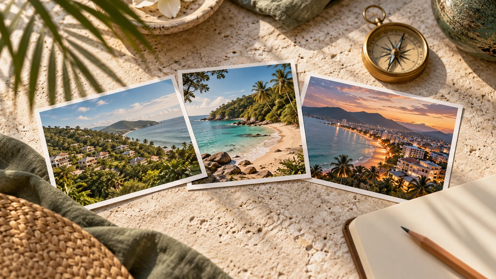 Illustrative coastal-location research postcards arranged beside a compass.