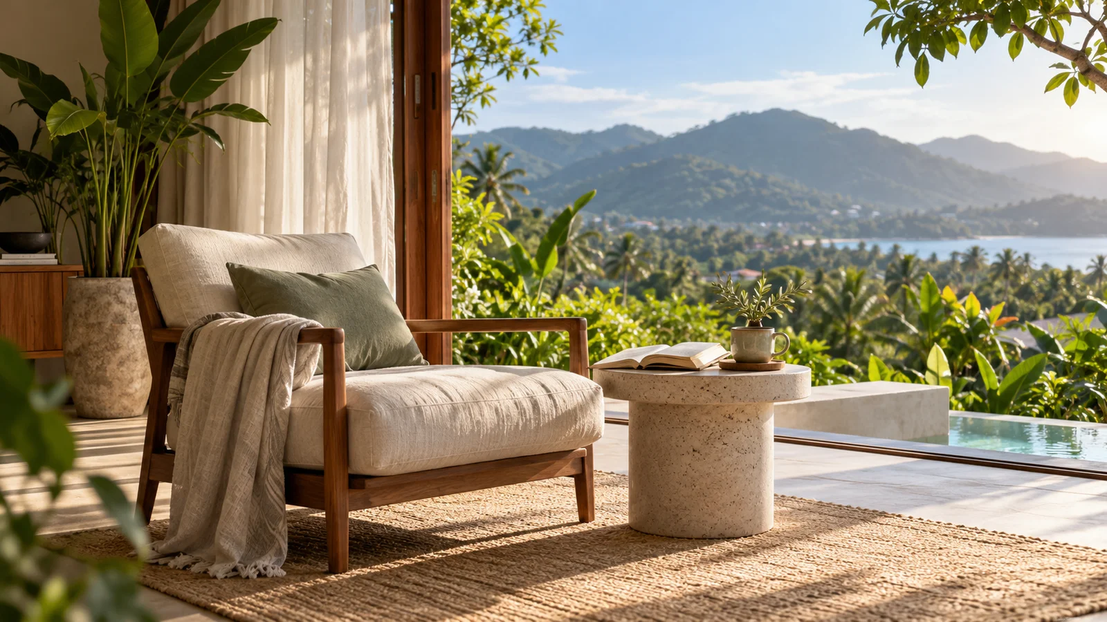 Illustration of a sunlit reading corner overlooking tropical hills.