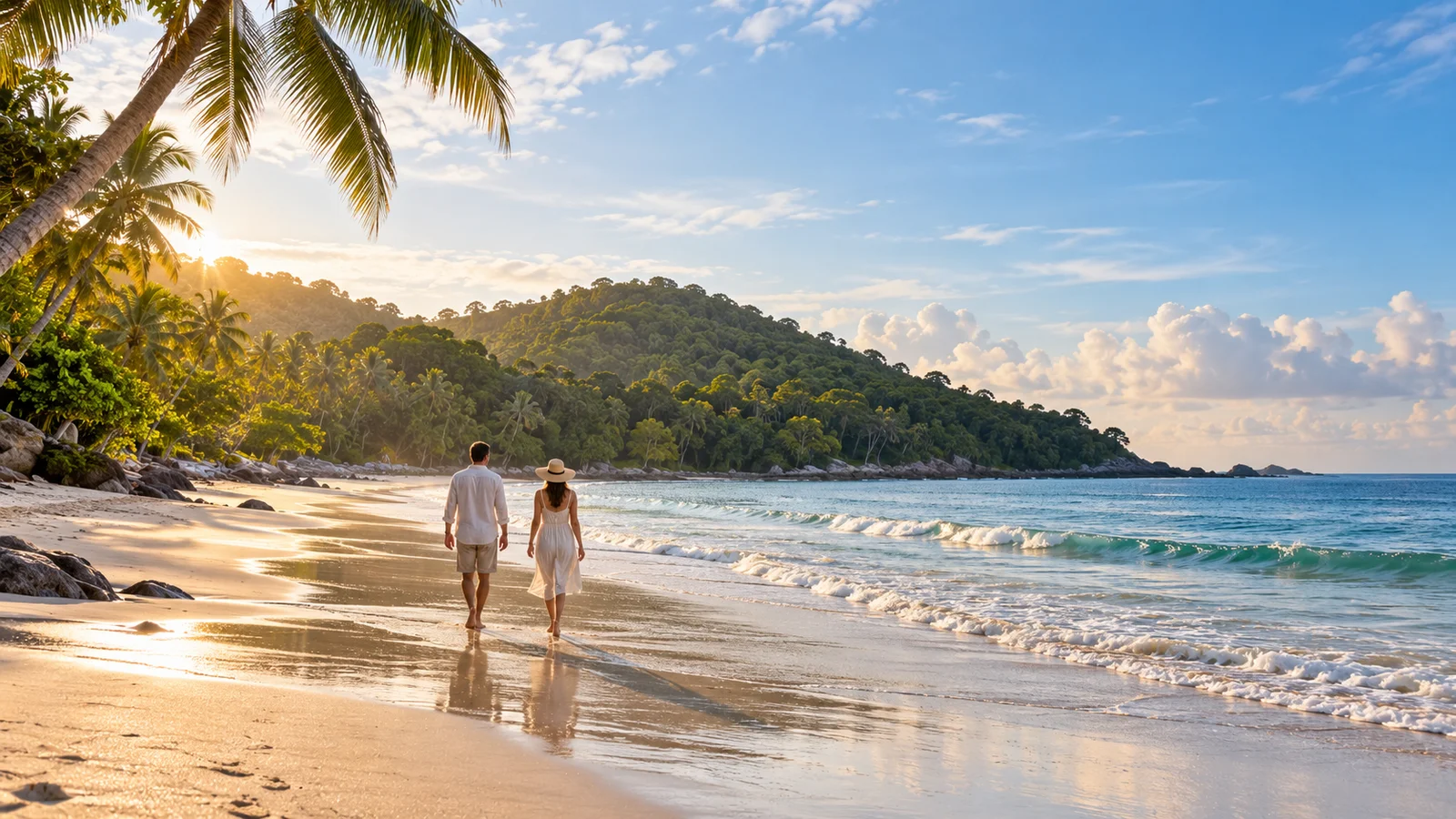 Illustration of a couple walking along a tropical beach in morning light.