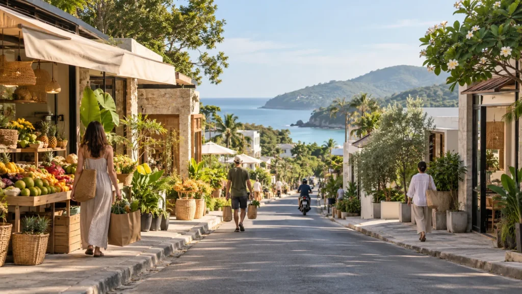 Illustration of an everyday coastal neighbourhood street with local shops and green hills, the kind of setting to check when comparing the best areas to live in Phuket