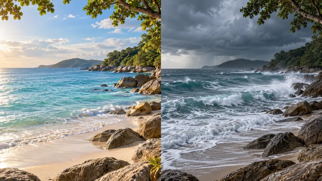 Illustration of a tropical beach in calm dry-season weather and during monsoon waves, seasons to consider when viewing Phuket real estate
