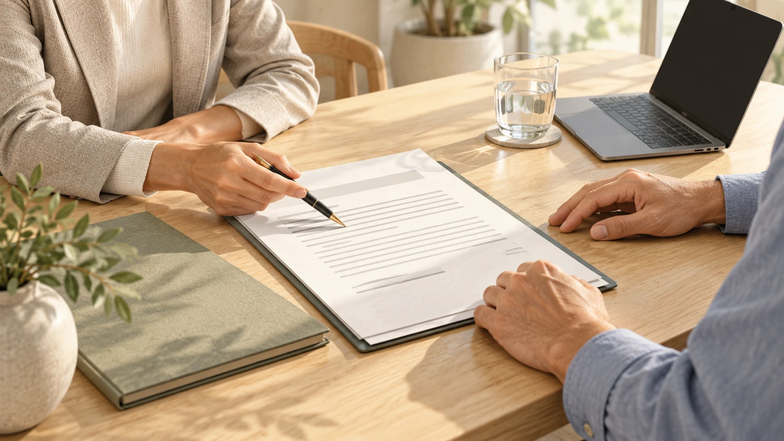 Illustration of two people reviewing a contract with a Phuket property lawyer at a bright meeting table