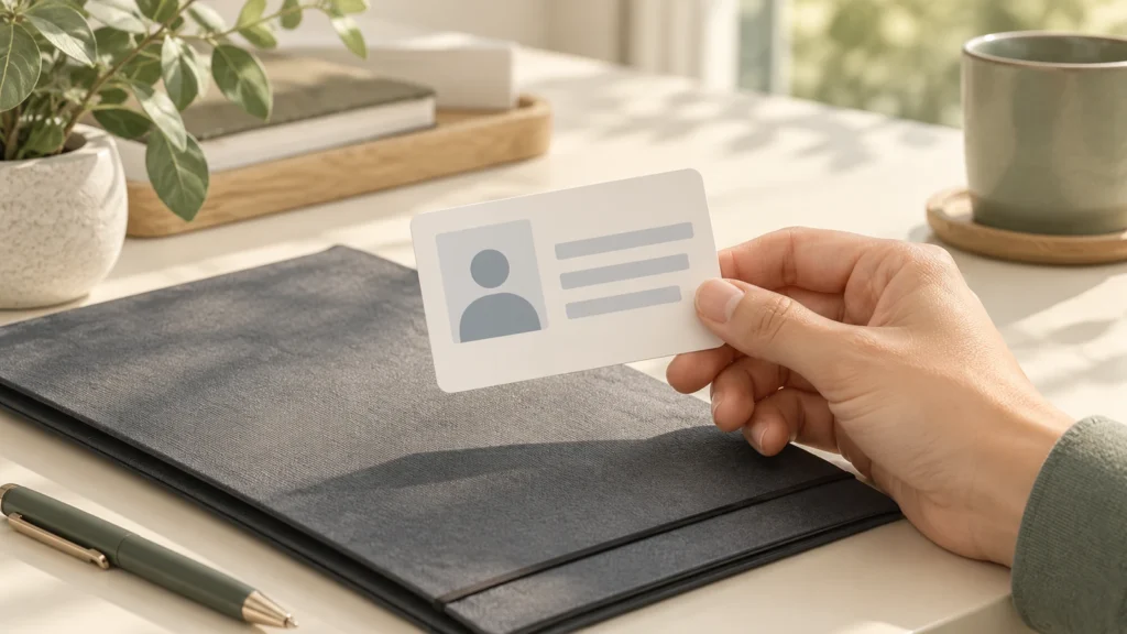 Illustration of a blank licence-style card held next to a folder