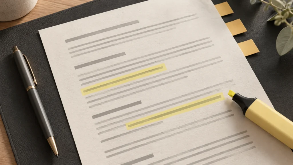 Illustration of a contract marked up by a Phuket property lawyer with highlighted lines and sticky notes
