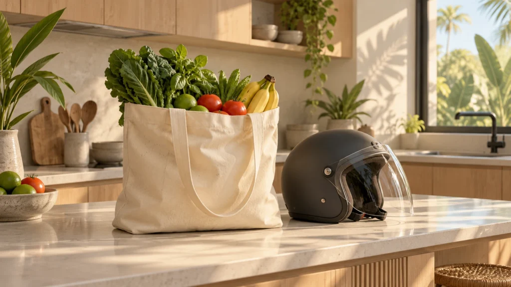 Illustration of renting in Kamala: fresh groceries and a scooter helmet on a kitchen counter