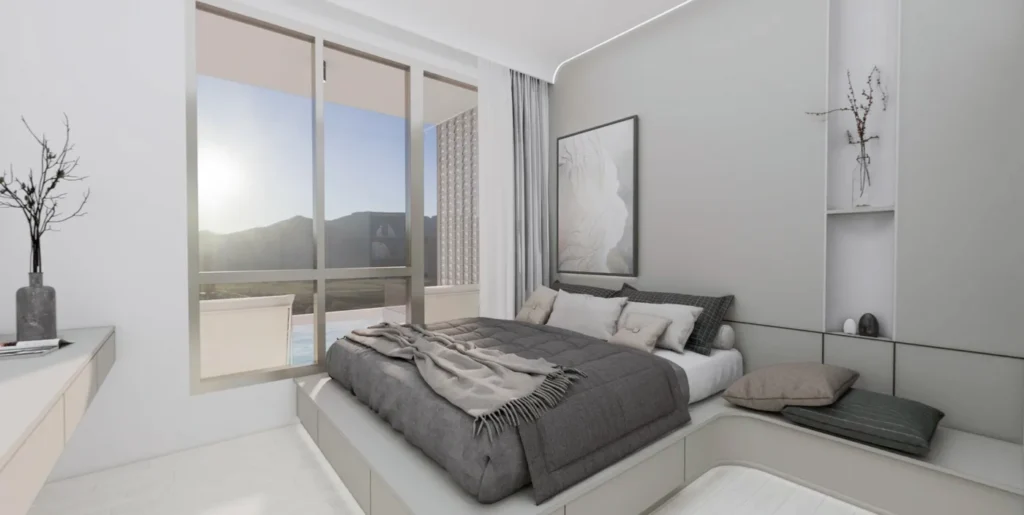 Interior visualisation of a bedroom and terrace at The Element