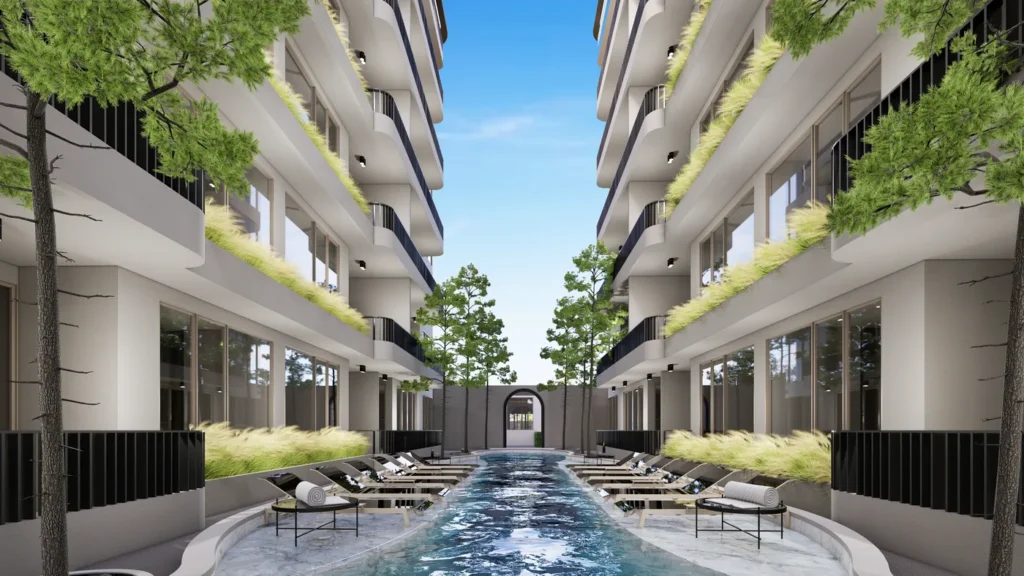 Architectural visualisation of a landscaped leisure pool between The Element residences in Kamala, one factor when comparing Kamala vs Surin