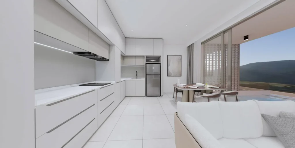 Interior visualisation of an open kitchen and living area at The Element, an example of its quiet elegance