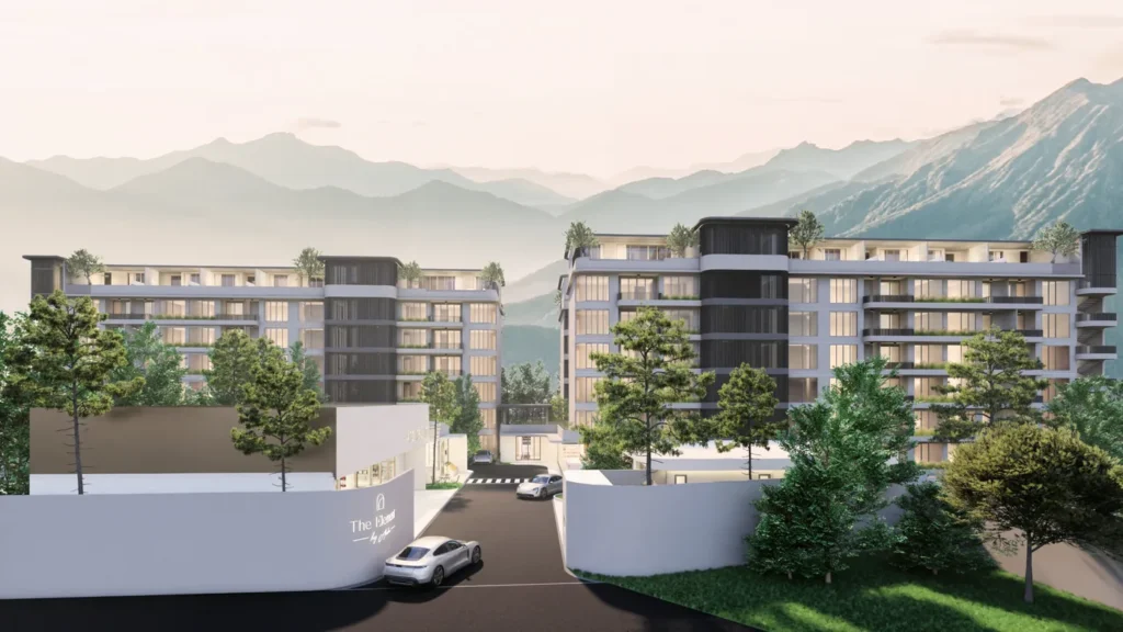 Architectural visualisation of The Element residences in Kamala with mountains behind the buildings